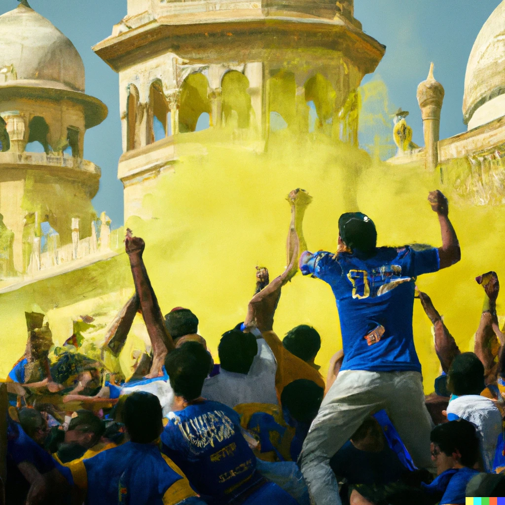 Prompt: Boca Juniors fans making a riot in Taj Mahal