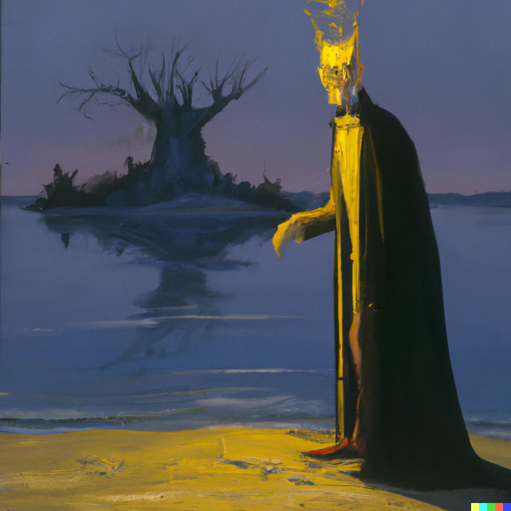 Prompt: Robert W. Chamber's King in Yellow wears a pallid mask and is standing near the shores of Carcosa at night