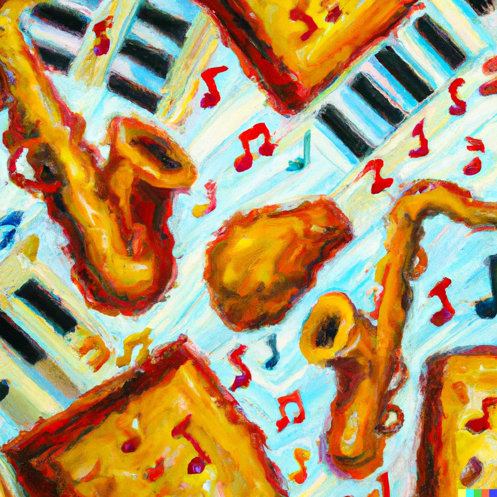Prompt: An impressionist oil painting of jazz notes vs nuggets