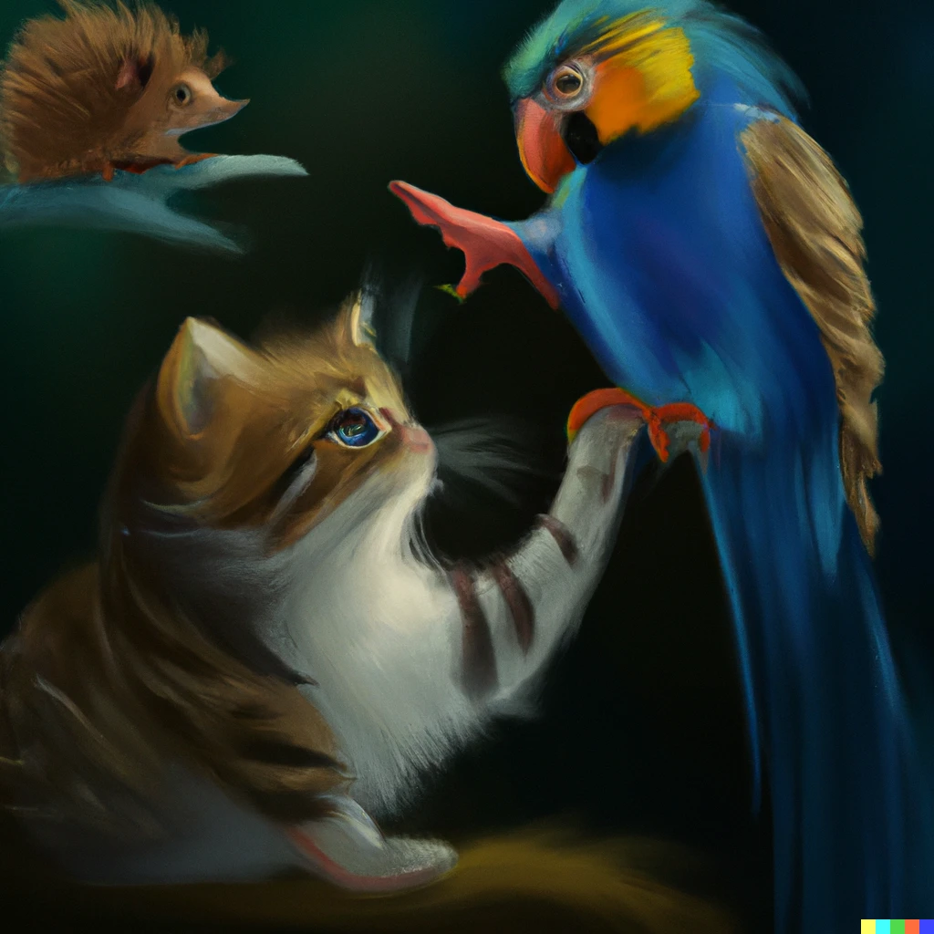 Prompt: a hedgehog a cat and a parrot playing in digital art style