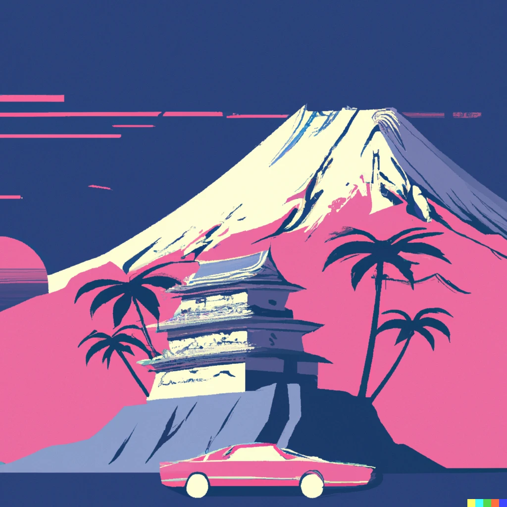Prompt: vaporwave composition with a Japanese castle a DeLorean, palm trees and the mount Fuji