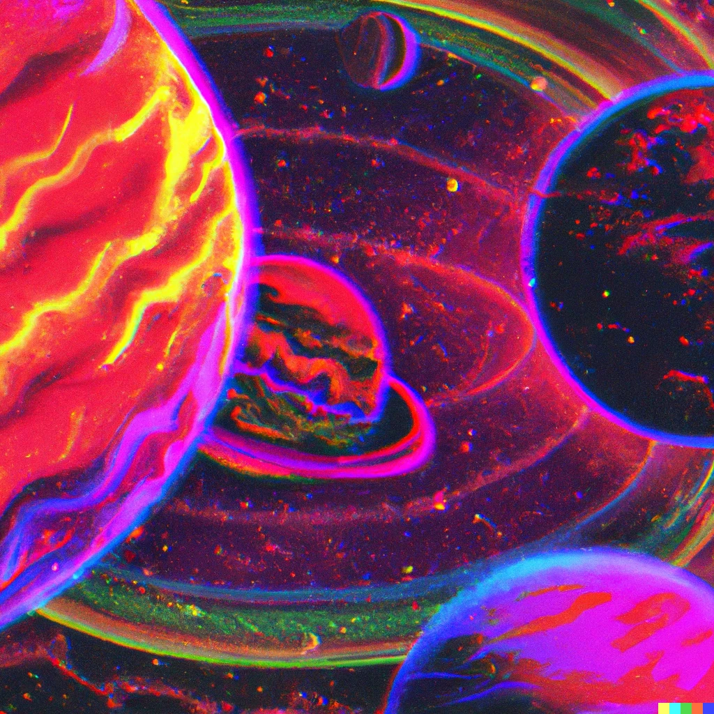 Prompt: a bunch of stars and planets in a vaporwave digital art style