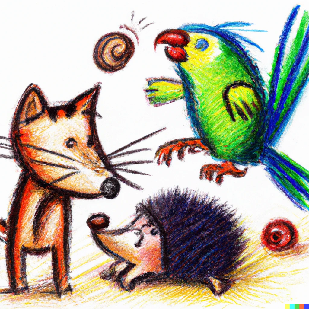 Prompt: a hedgehog, cat and, amazon parrot playing in crayon style