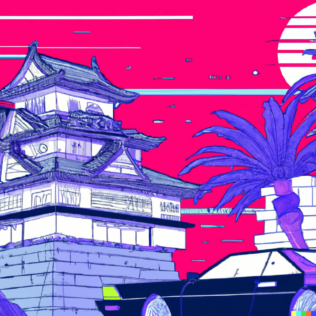Prompt: vaporwave composition with a Japanese castle a DeLorean and palm trees 