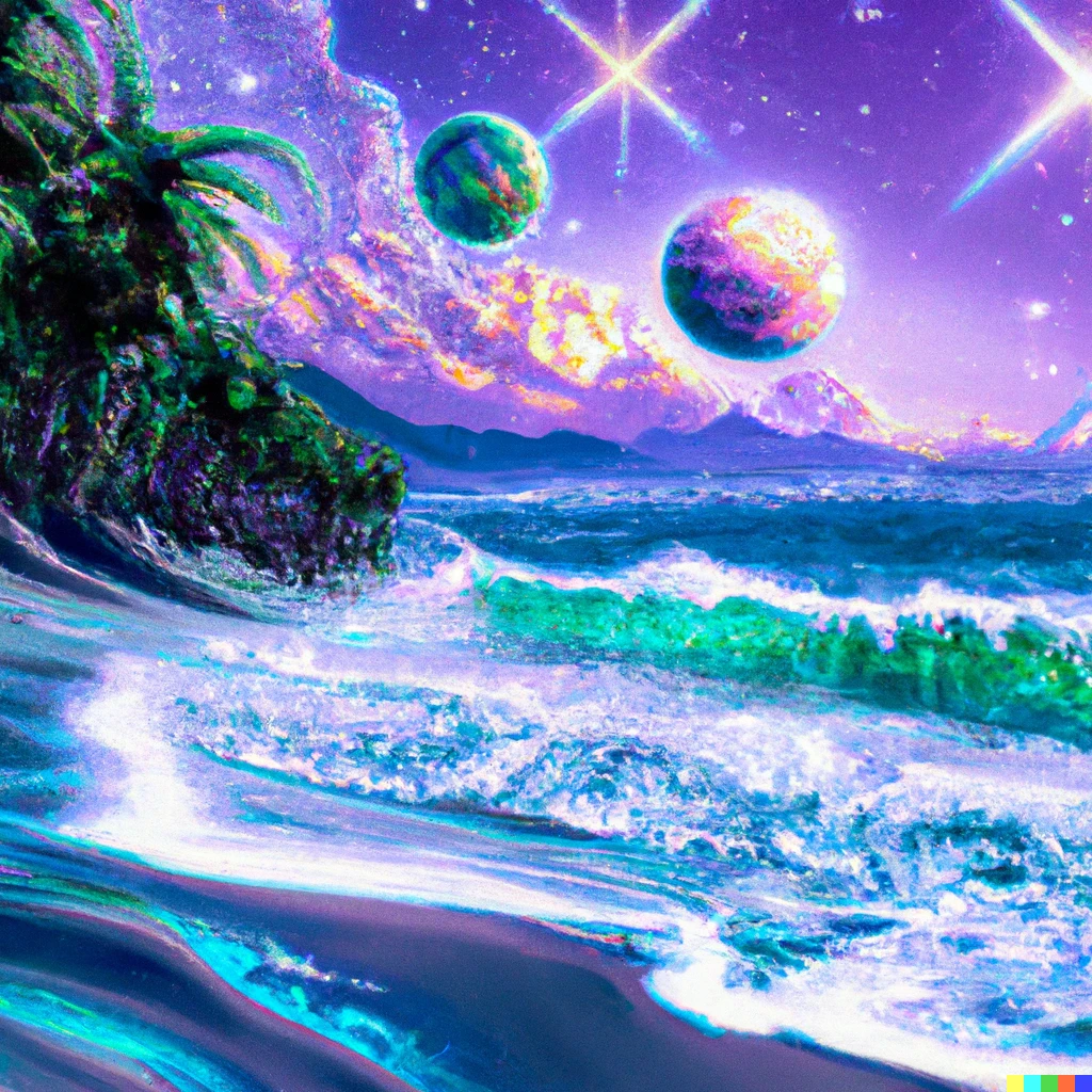 Prompt: beach with waves and palm trees and a bunch of stars and planets on the sky in a vaporwave oil painting style