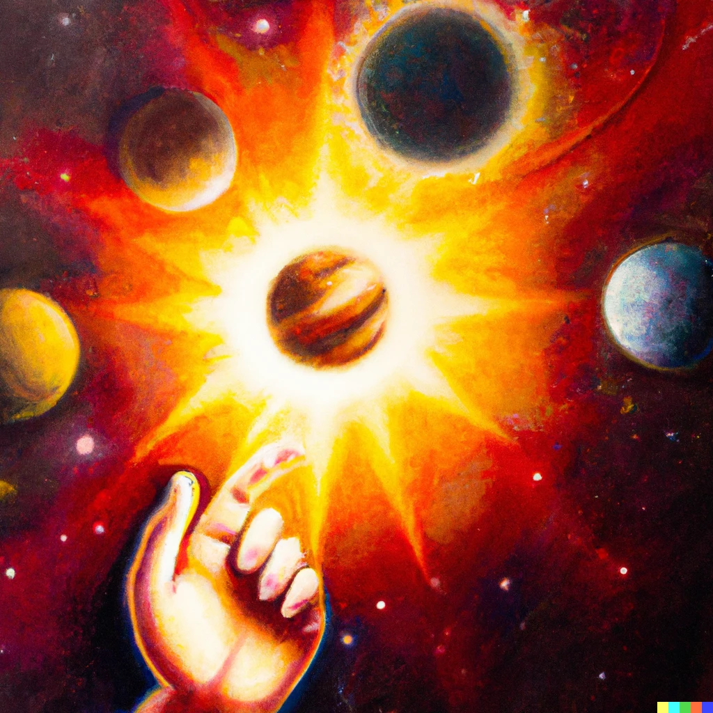Prompt: Realistic and detailed Oil painting of a human hand holding a galaxy with a realistic sun with planets orbiting around it 