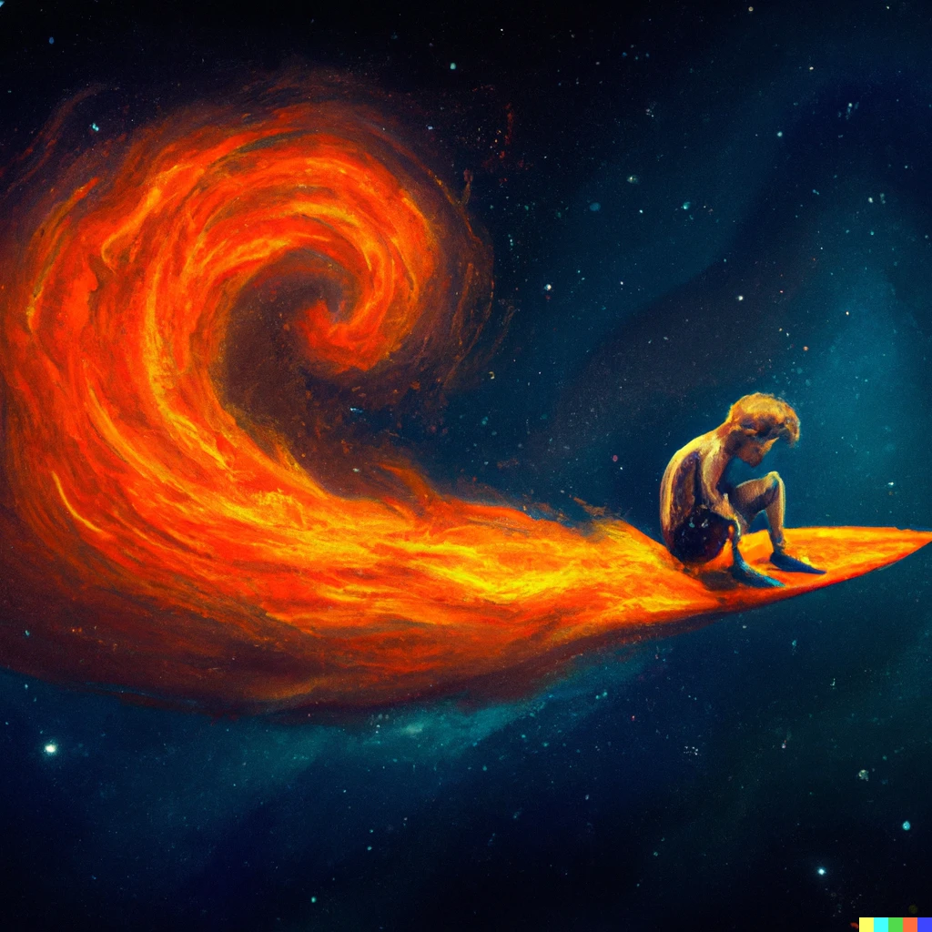 Prompt: sad surfer riding a flaming space wave to the outer rim of the galaxy