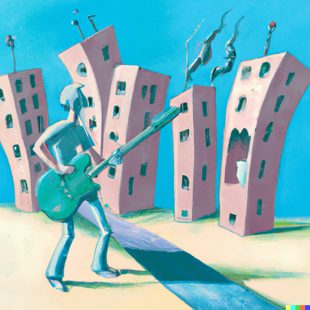 Prompt: Surreal painting of a person singing about the bad building complex where he lives and plays guitar