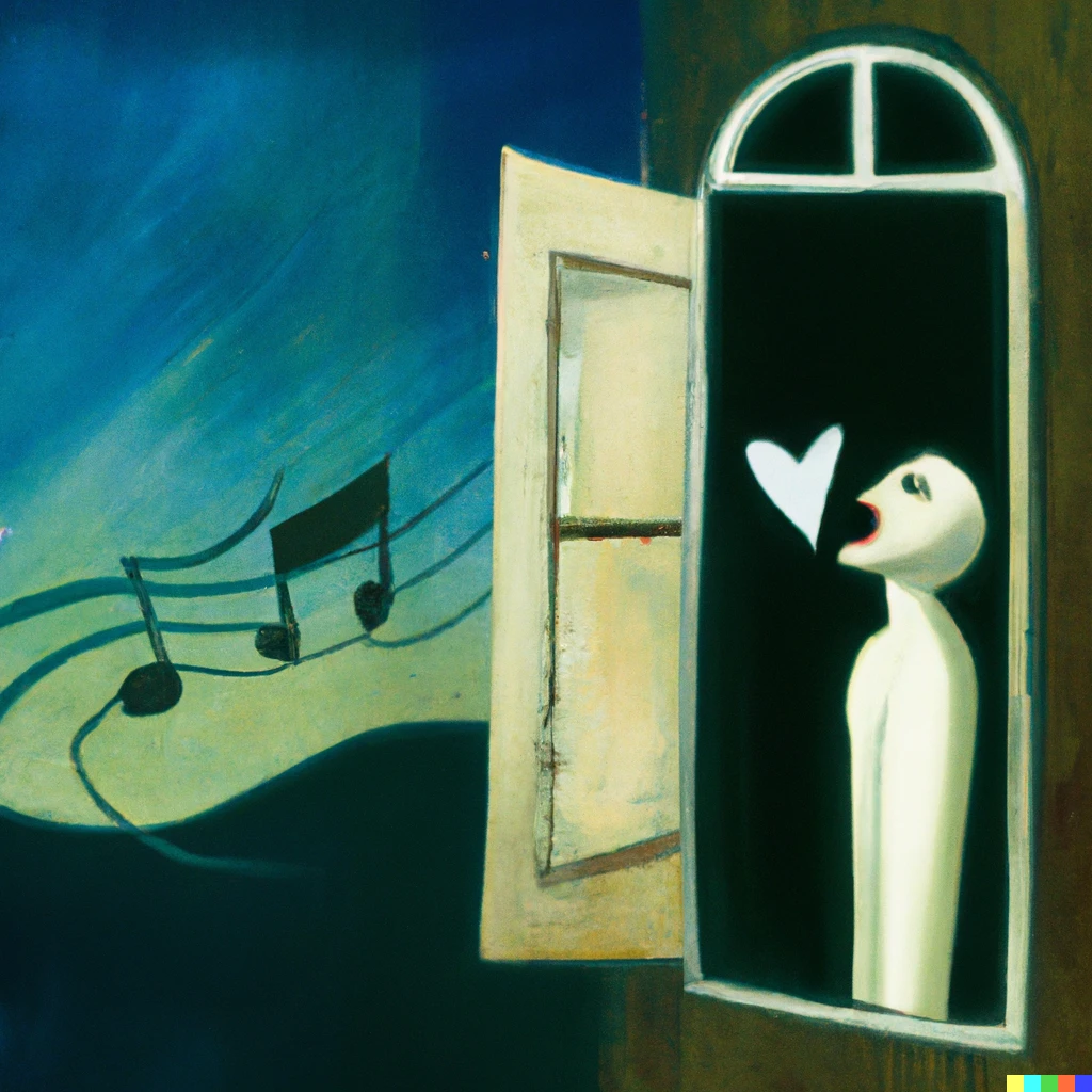 Prompt: Surreal painting of a  person singing about opening window to your heart 