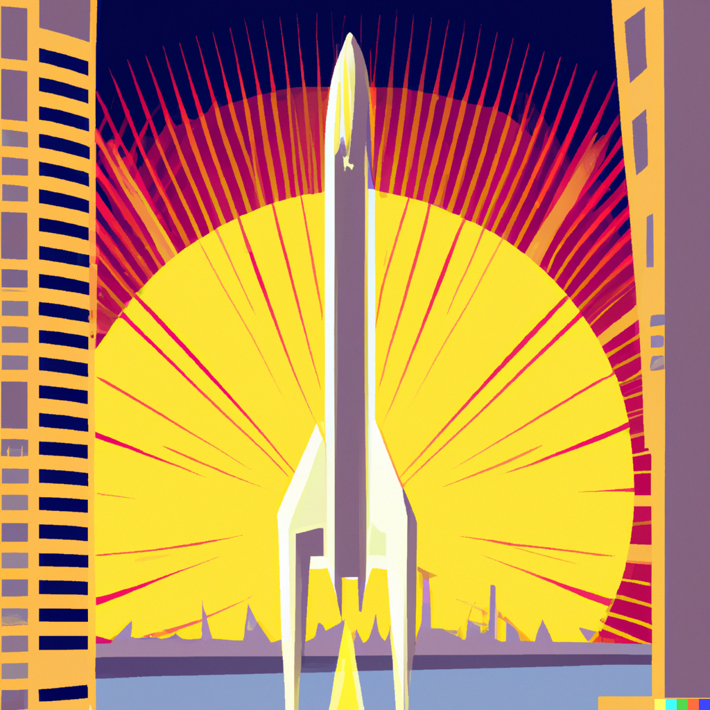 Sean DALL E An Art Deco Style Rocket Ship Launch Behind A City Of   Image 