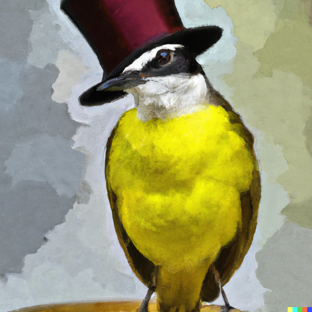 Prompt: Pitangus sulphuratus using a top hat, painted in the style of Johannes vermeer
