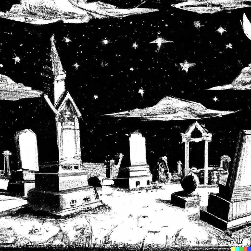 Prompt: A black and white ink comic book background showing a Victorian graveyard at night in the style of Mike mignola, the sky is dark and has the moon and stars in it and there is a crypt in the foreground