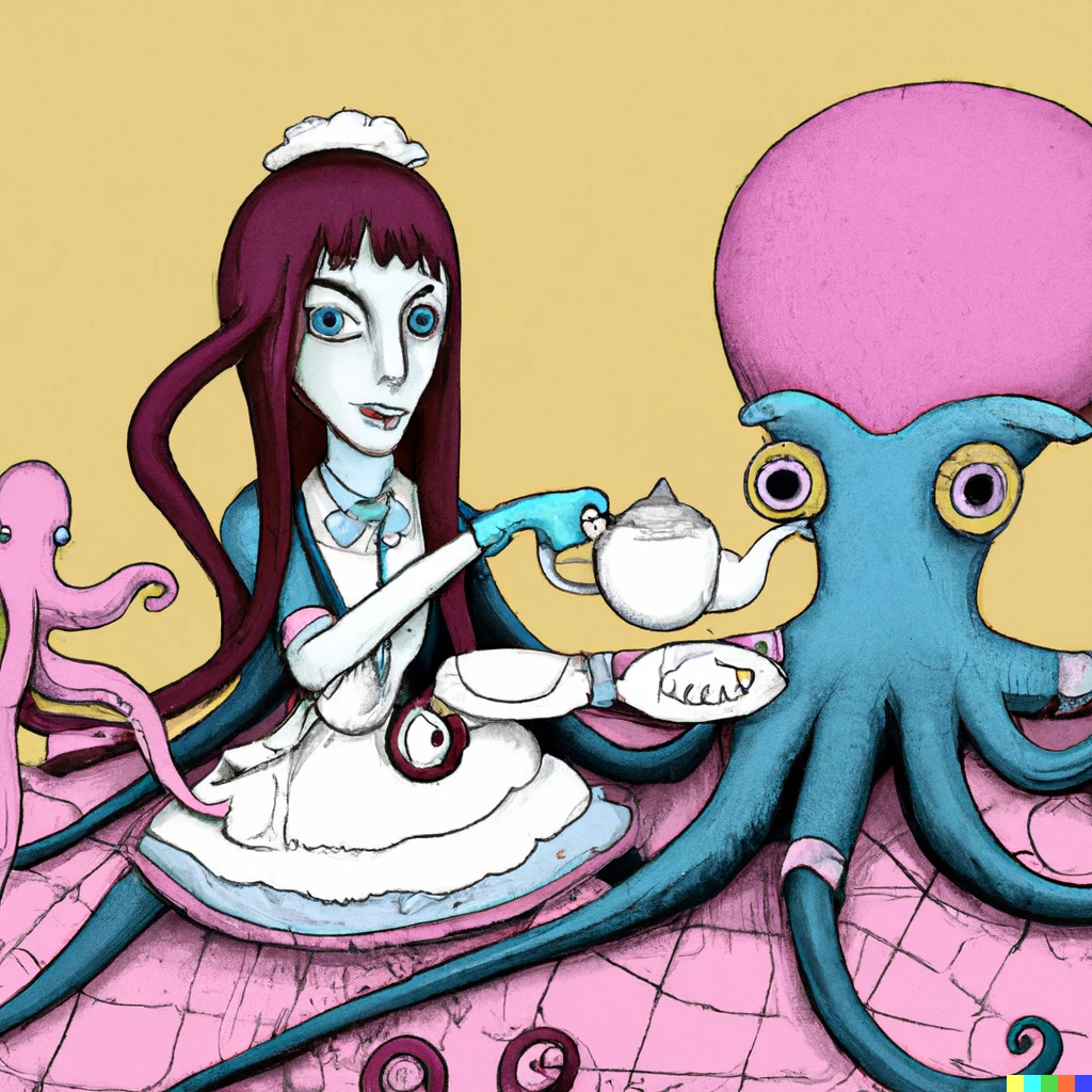 Prompt: Alice in wonderland serves tea to a three eyed octopus