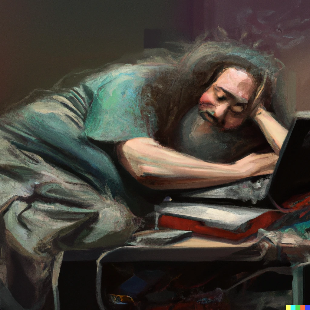 Prompt: Richard Stallman sleeping on top of his computer, digital art