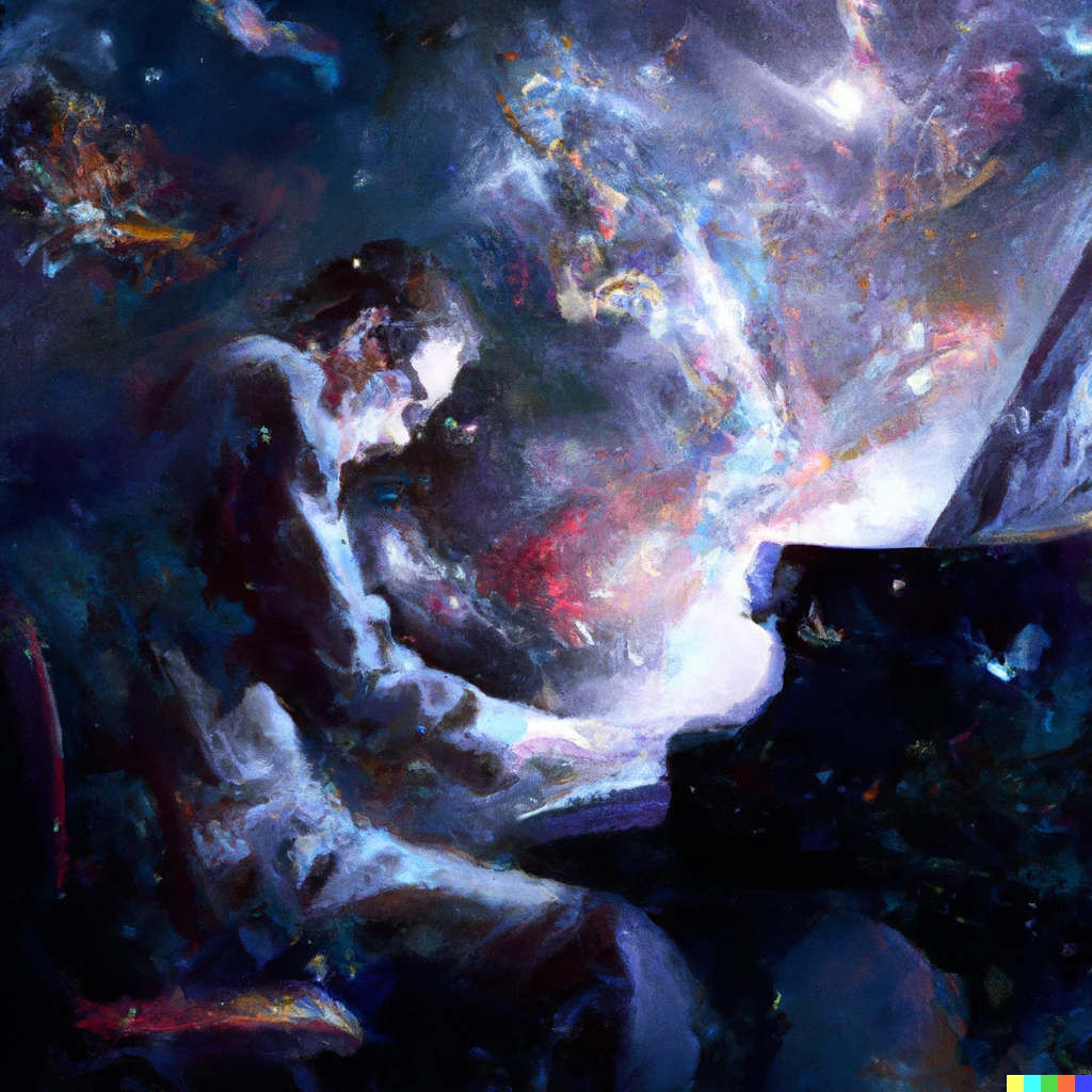 Prompt: Bill Evans hunched over, playing his piano, exploding nebula, digital art