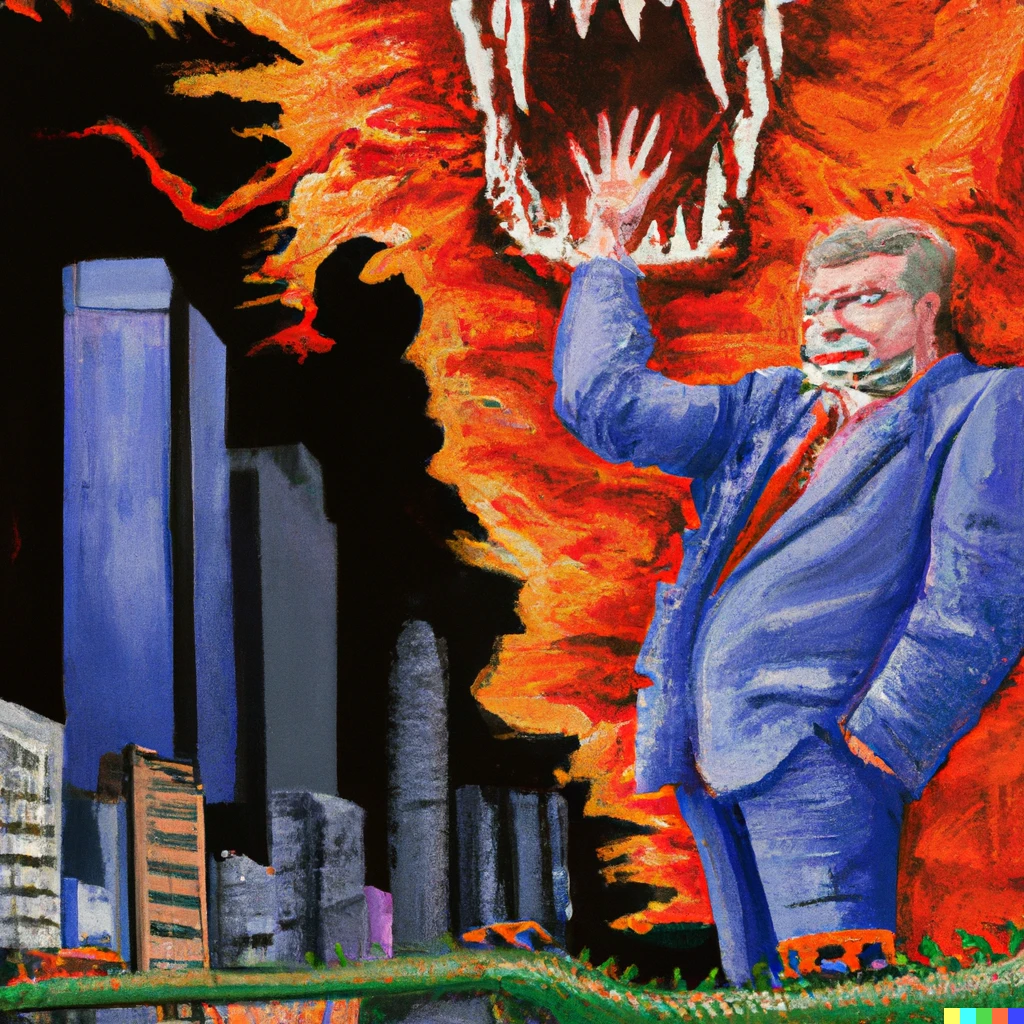Prompt: David Letterman is a giant Kaiju, destroying the city of Indianapolis. Oil painting