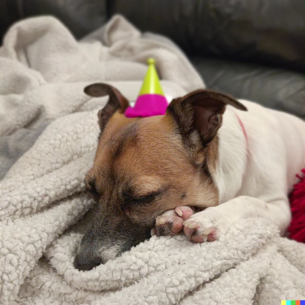 Prompt: A sleeping miniature fox terrier, wearing a birthday hat