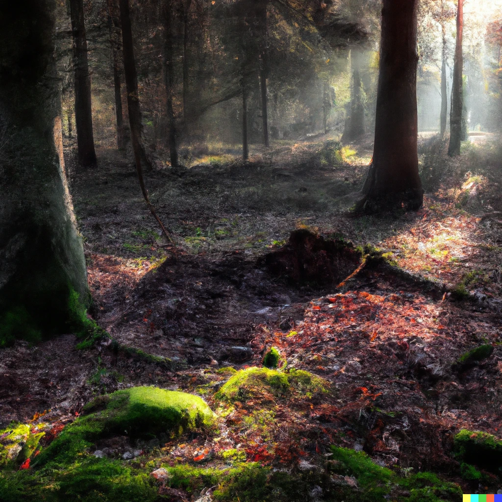 Prompt: A high quality photo of misty woods with moss covered trees at sunrise