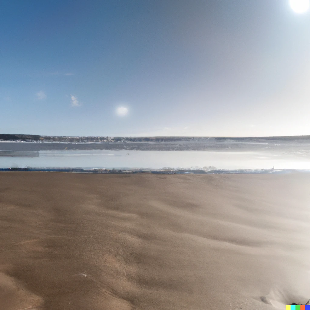 Prompt: A long sandy beach with small waves and sea foam gently cascading with the tide, hyper realistic photo with HDR lens flare