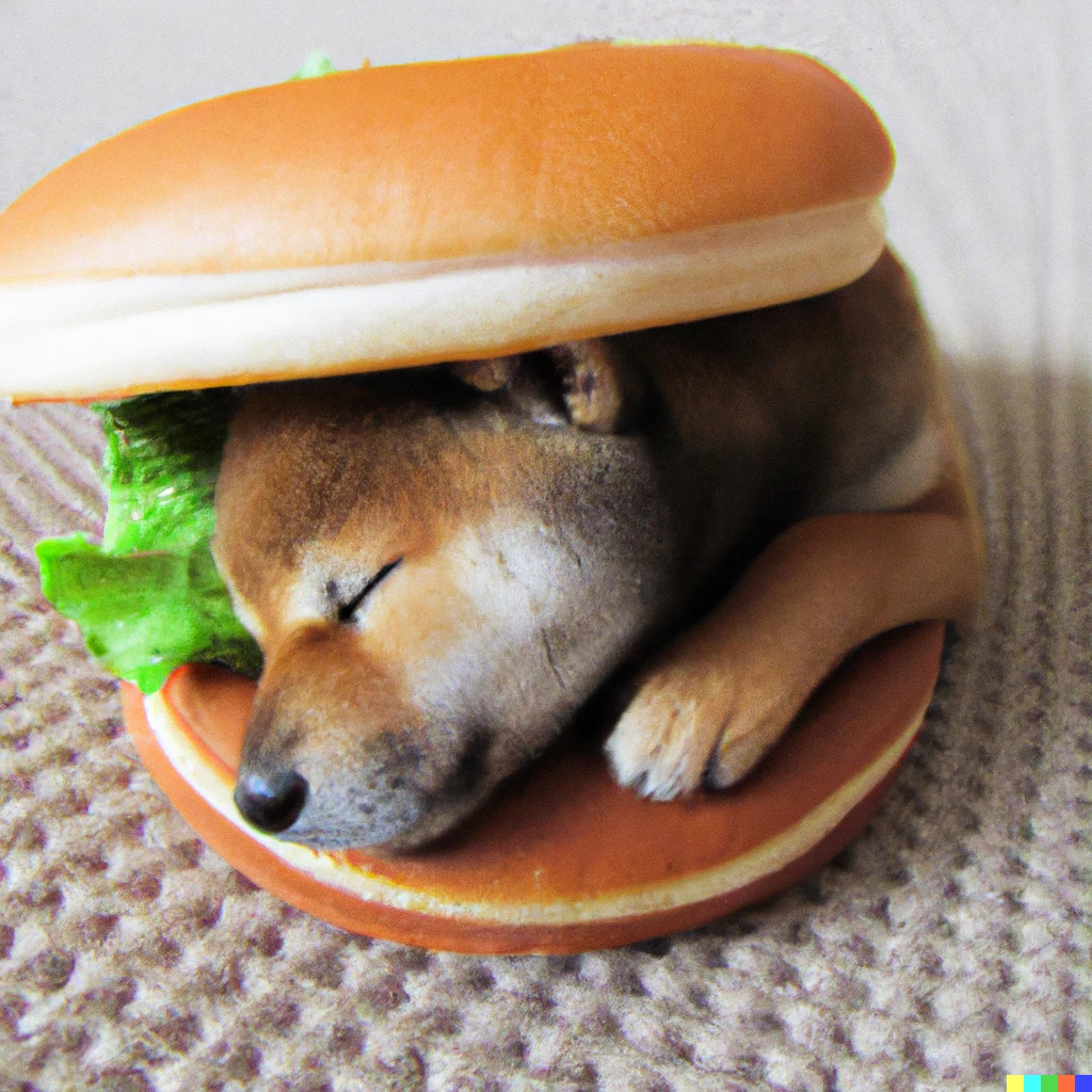 Prompt: Shiba Inu sleeping in a hamburger