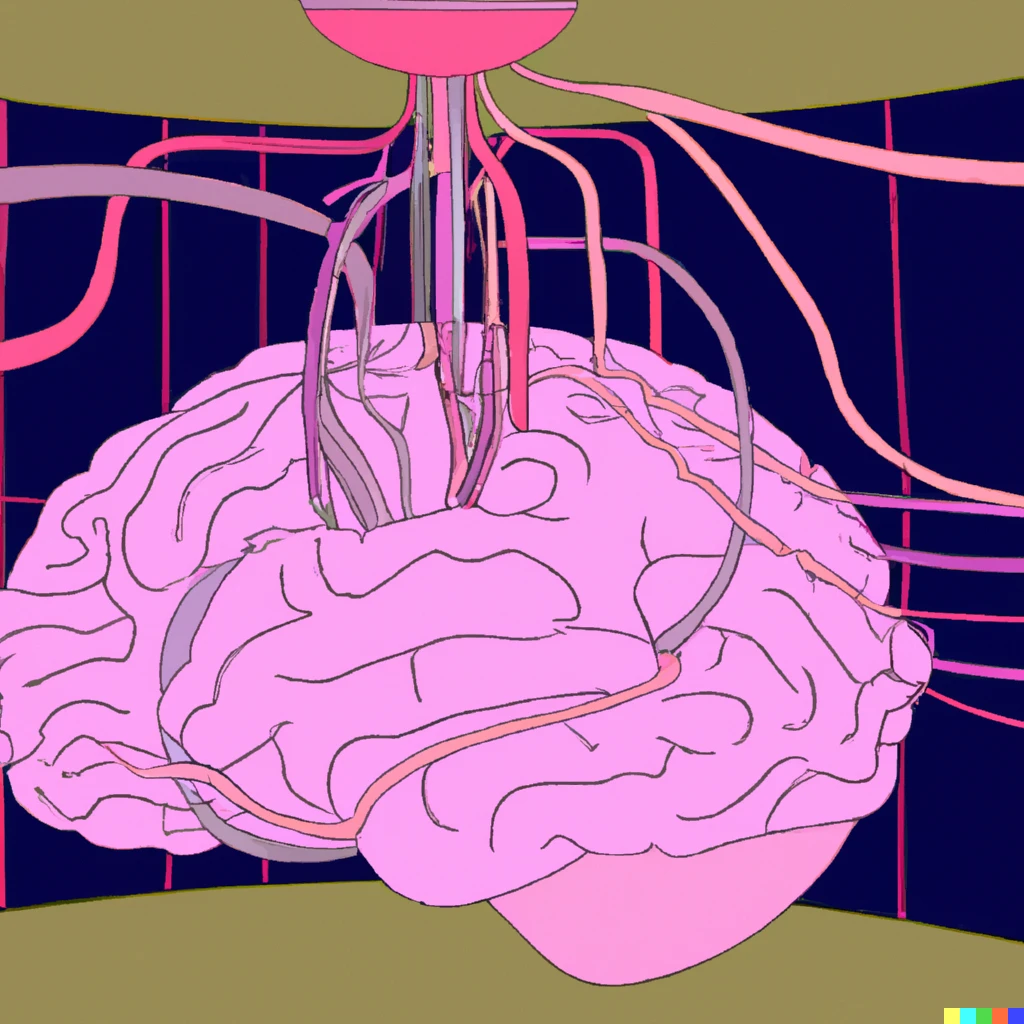 Prompt: Cyberpunk art of a pink brain floating in a culture medium with several wires connected to it.
