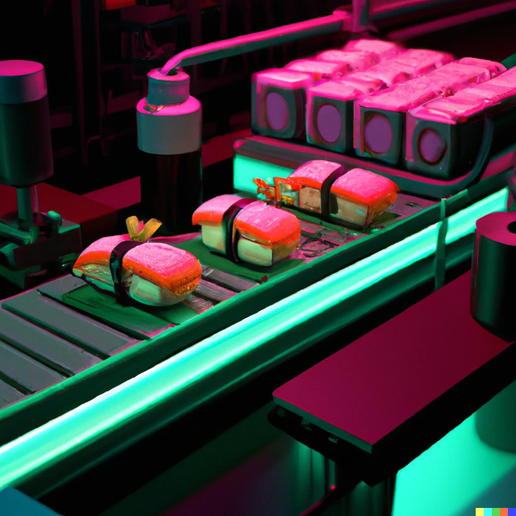 Prompt: 3d rendering of sushi on a pink conveyor belt in a factory lit by neon lights, cyberpunk
