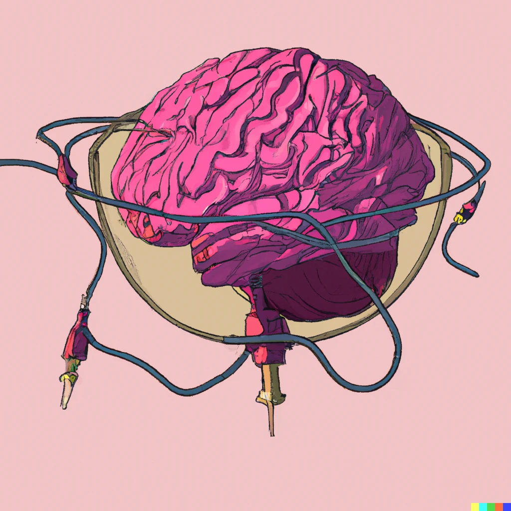 Prompt: Cyberpunk art of a pink brain floating in a culture medium with several wires connected to it.