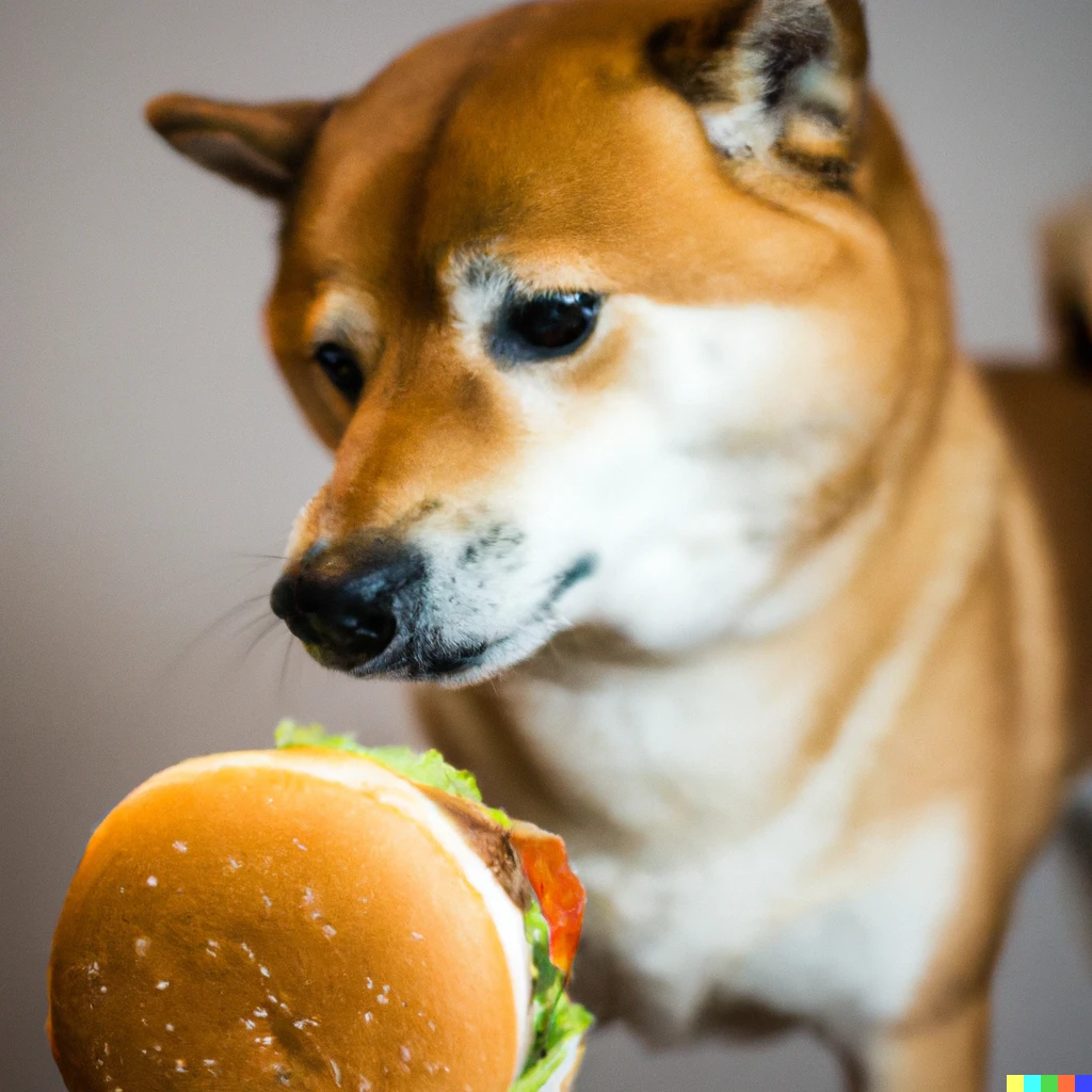 Prompt: Shiba Inu playing with hamburger