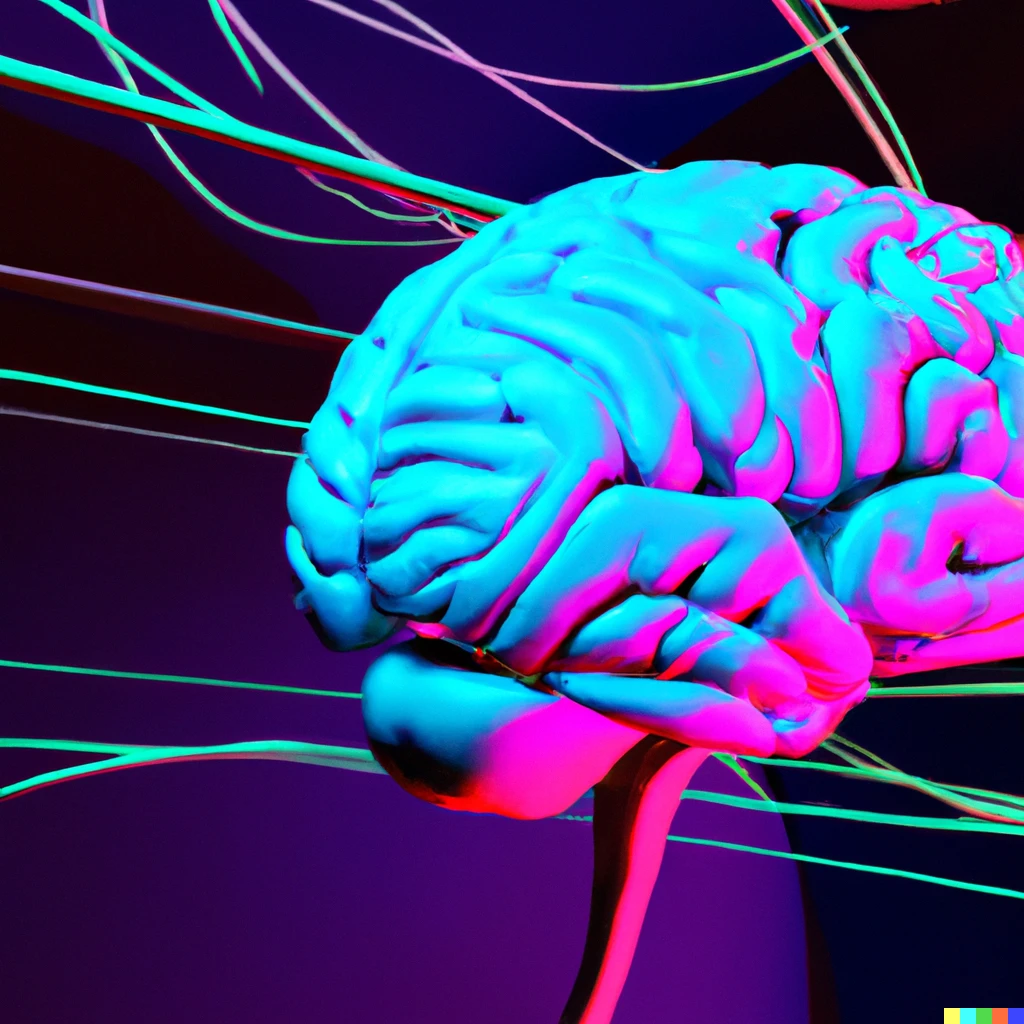 Prompt: 3d rendering of a brain connected to several wires floating in a neon-lit culture medium