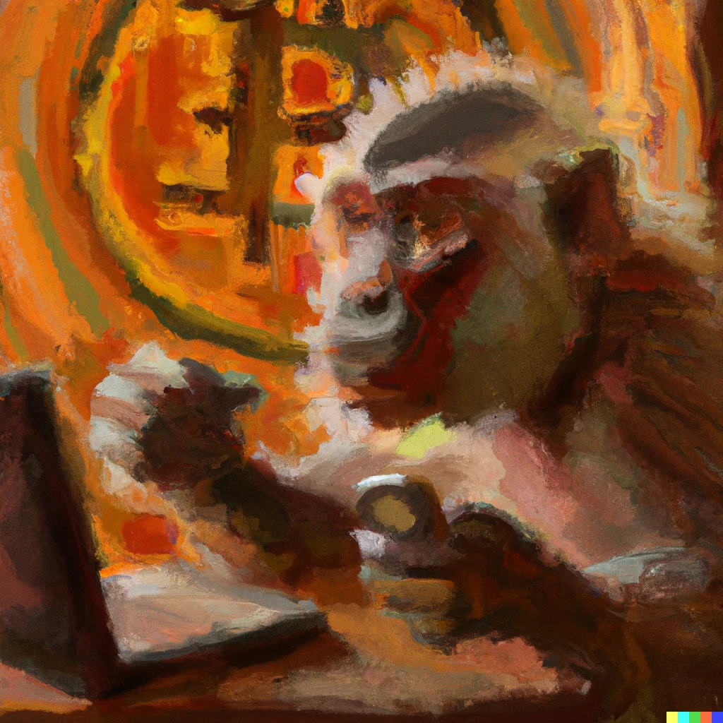Prompt: A impressionist oil painting with a monkey typing on a laptop trying to trade bitcoin