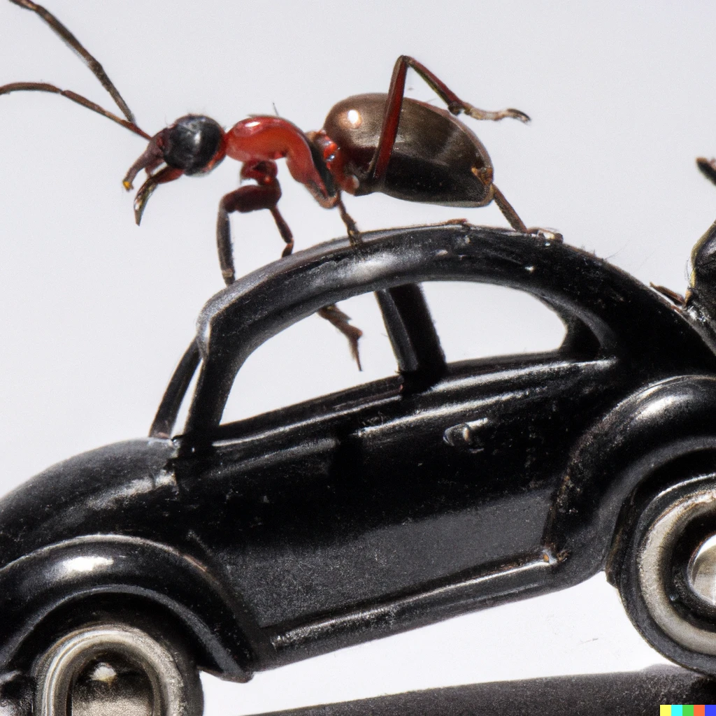 Prompt: An ant driving a Volkswagon Beetle