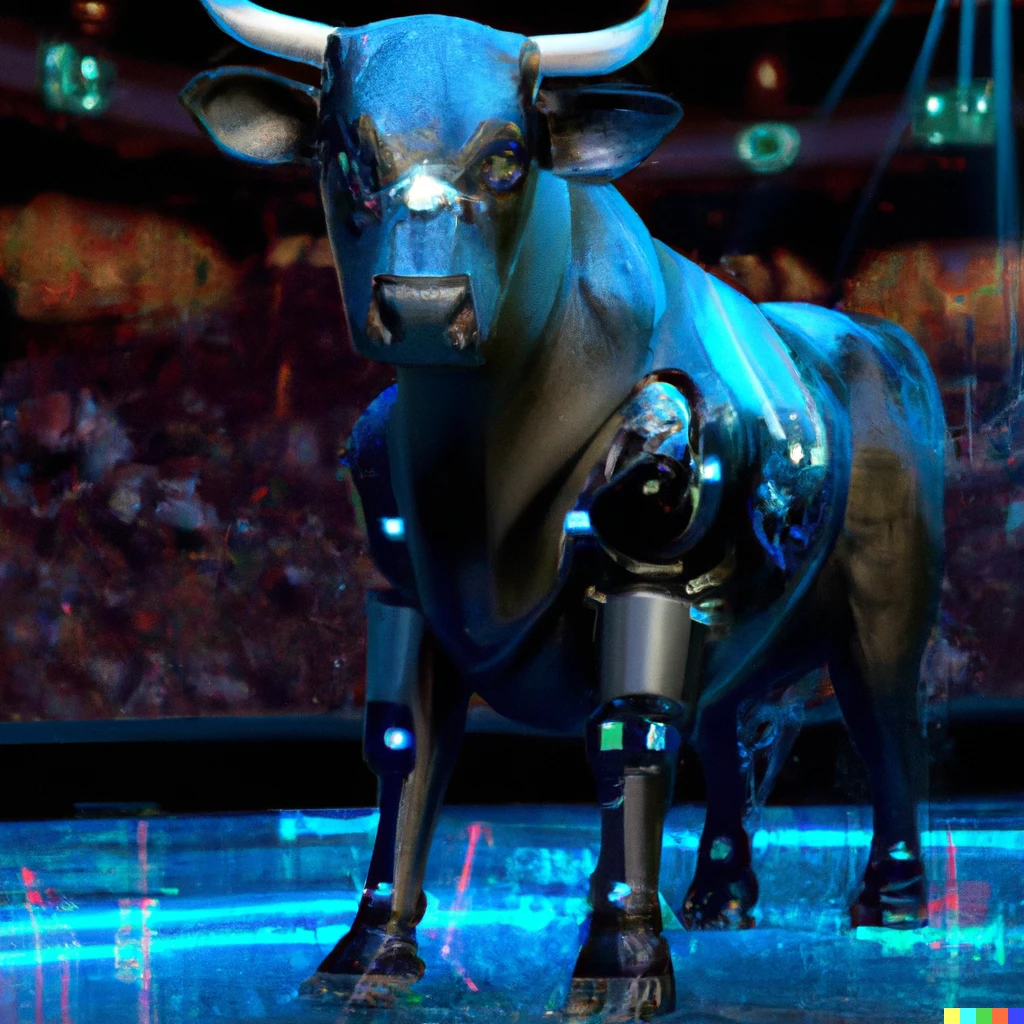 Prompt: Cybernetic bull on stage at an artificial intelligence conference in Las Vegas, digital art