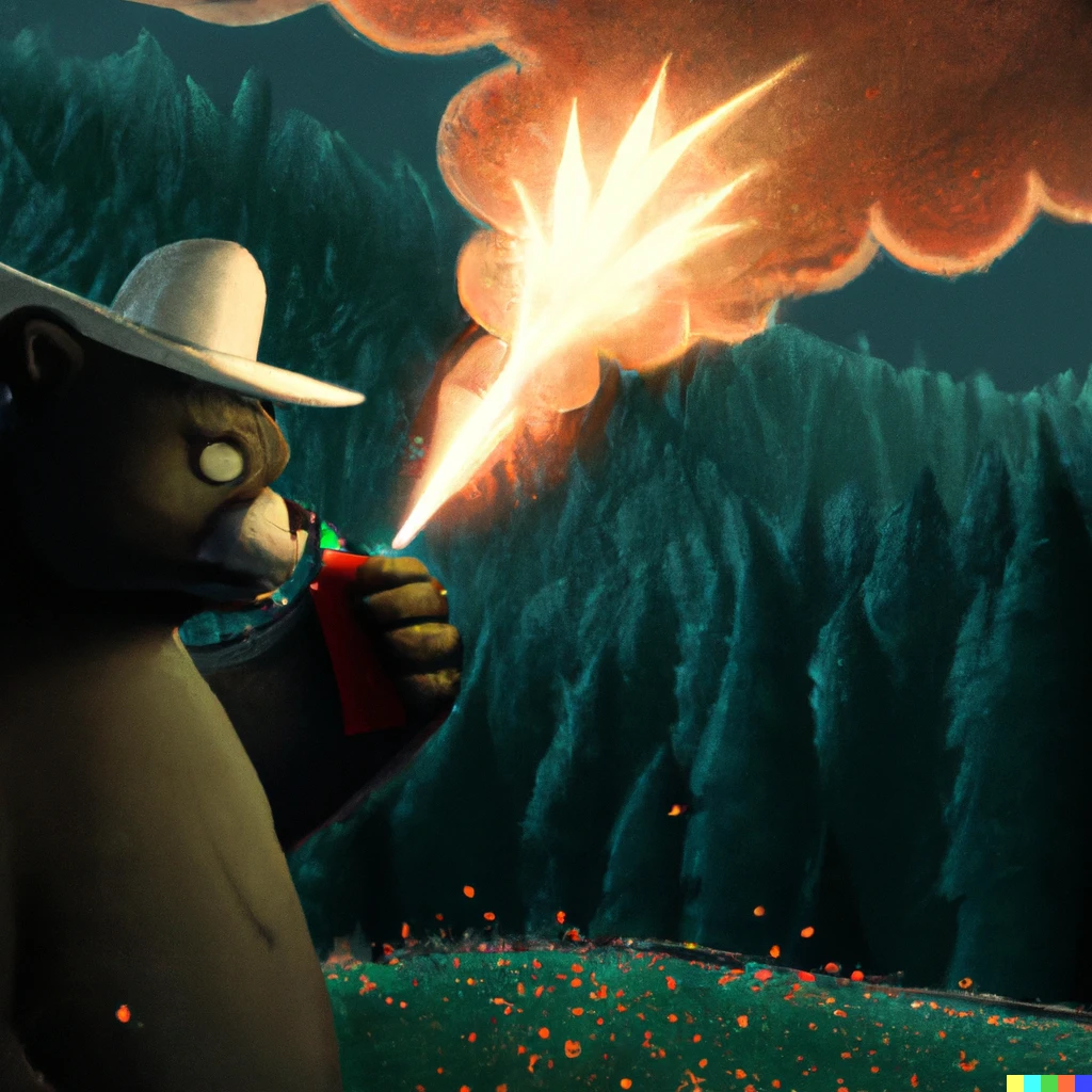 Prompt: Smokey the Bear setting off fireworks in a forest