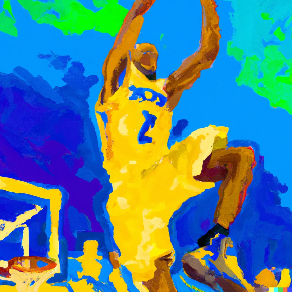 Prompt: A basketball player going up for a dunk during a game in the style of Van Gogh