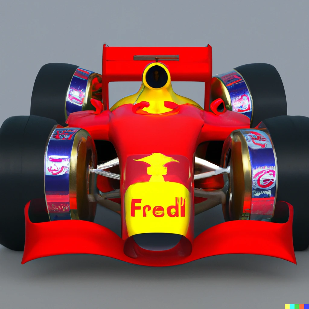 Prompt: A Formula 1 Ferrari team car that has red Bull cans in the shape of tyres 