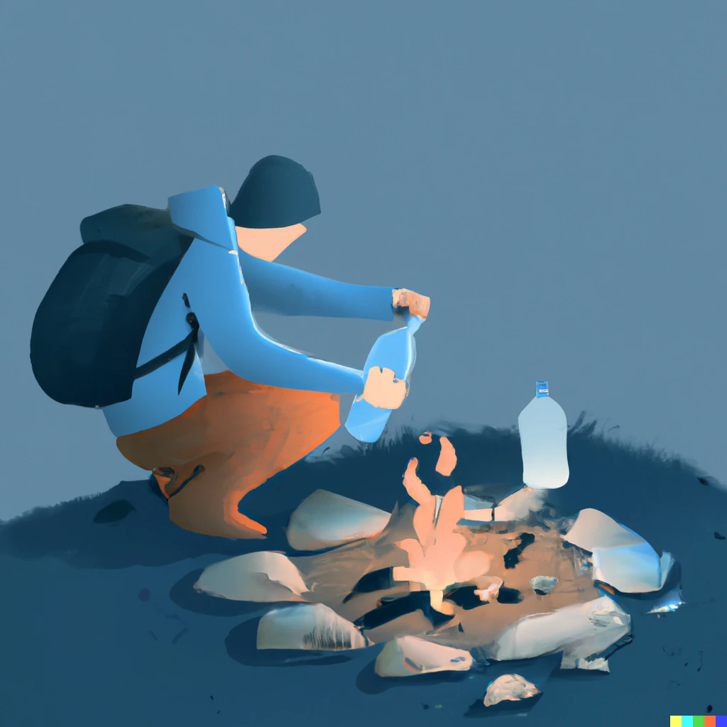 Prompt: a backpacker pouring a bottle of blue water on a small campfire, digital art 