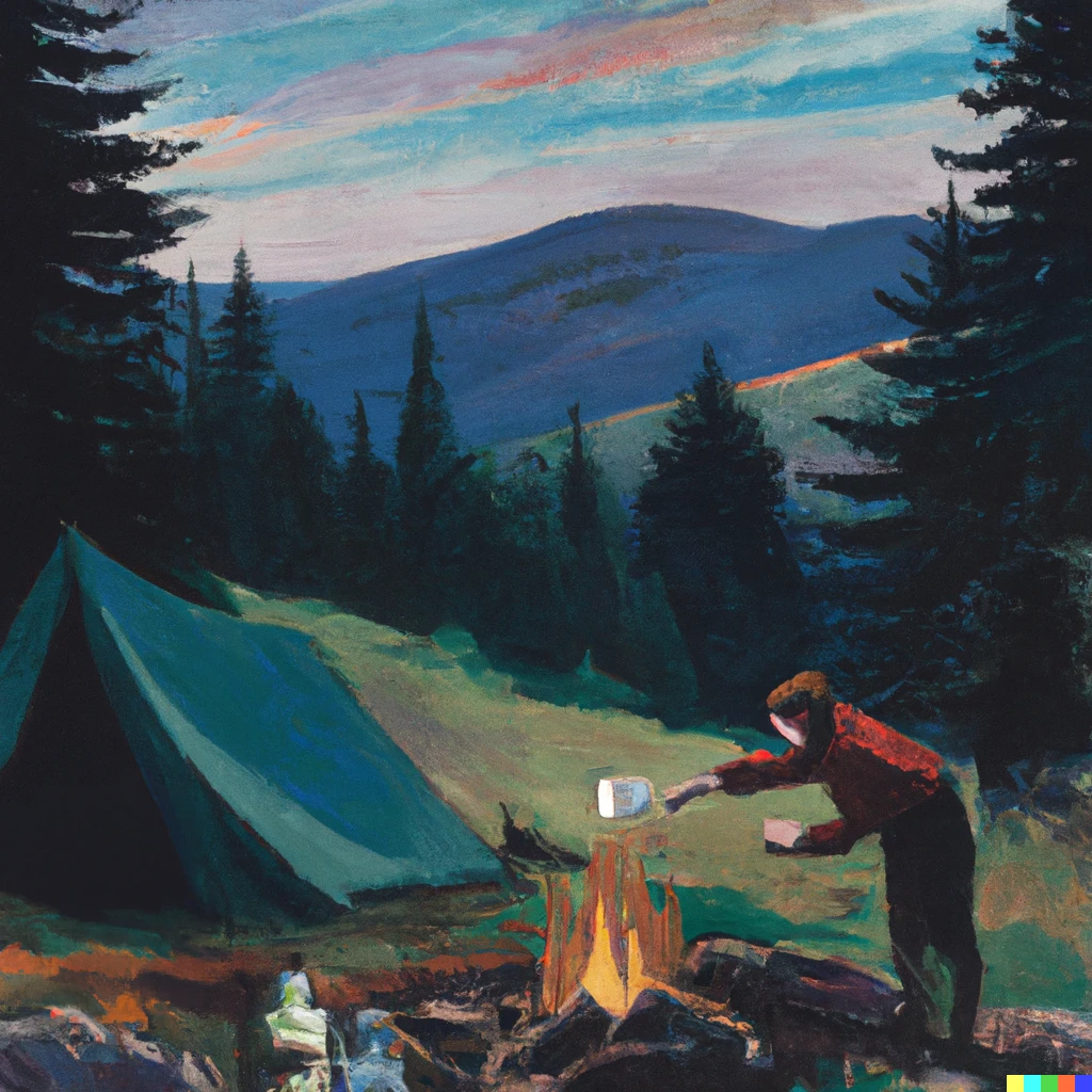 Prompt: A landscape painting showing a man pouring a large bottle of water onto a small campfire to douse it; with a square popup tent, pine trees, and mountains in the distance 