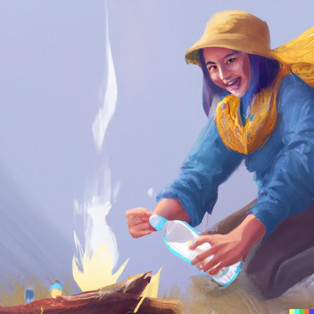 Prompt: A happy backpacker pouring a bottle of blue water on a small campfire, digital art, funny