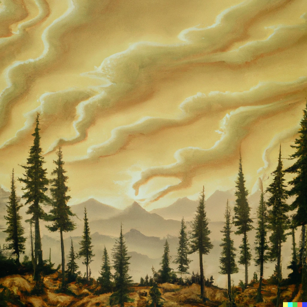 Prompt: A muted landscape painting of a forest fire in Washington state, in the style of Thomas Hart Benton 