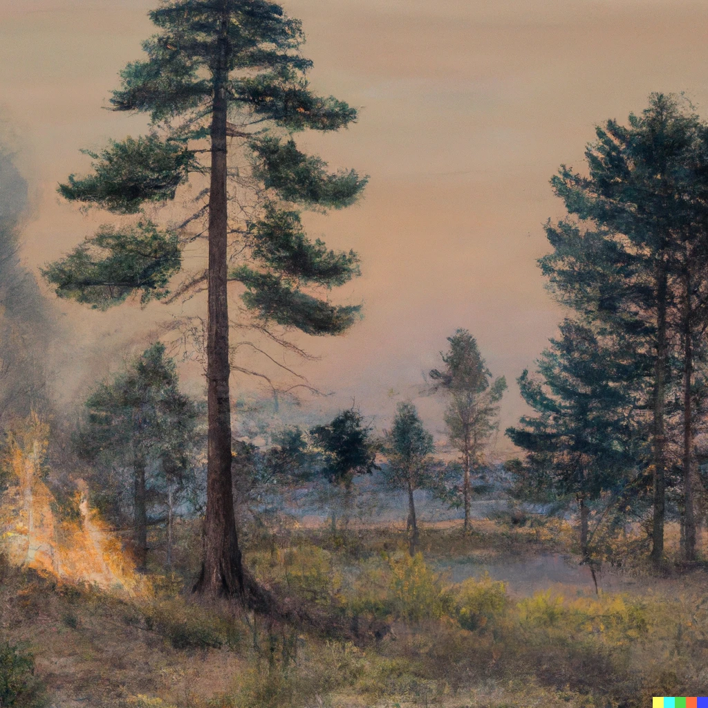 Prompt: A Wyeth painting of scared wildlife running away from a forest fire 
