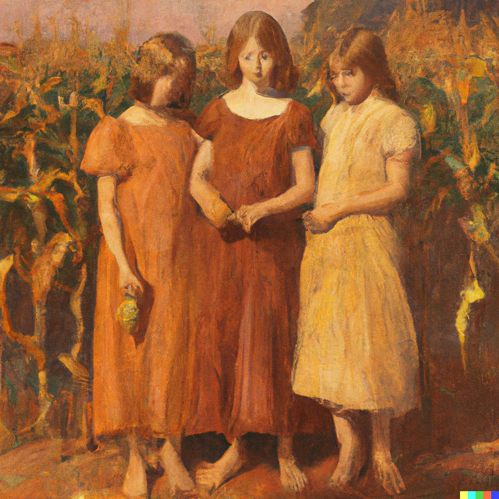 Prompt: A landscape painting by Wyeth of three young-adult sisters with arms entwined; wearing gold, orange, and brown dresses; standing in a garden with corn, beans, and pumpkins. 