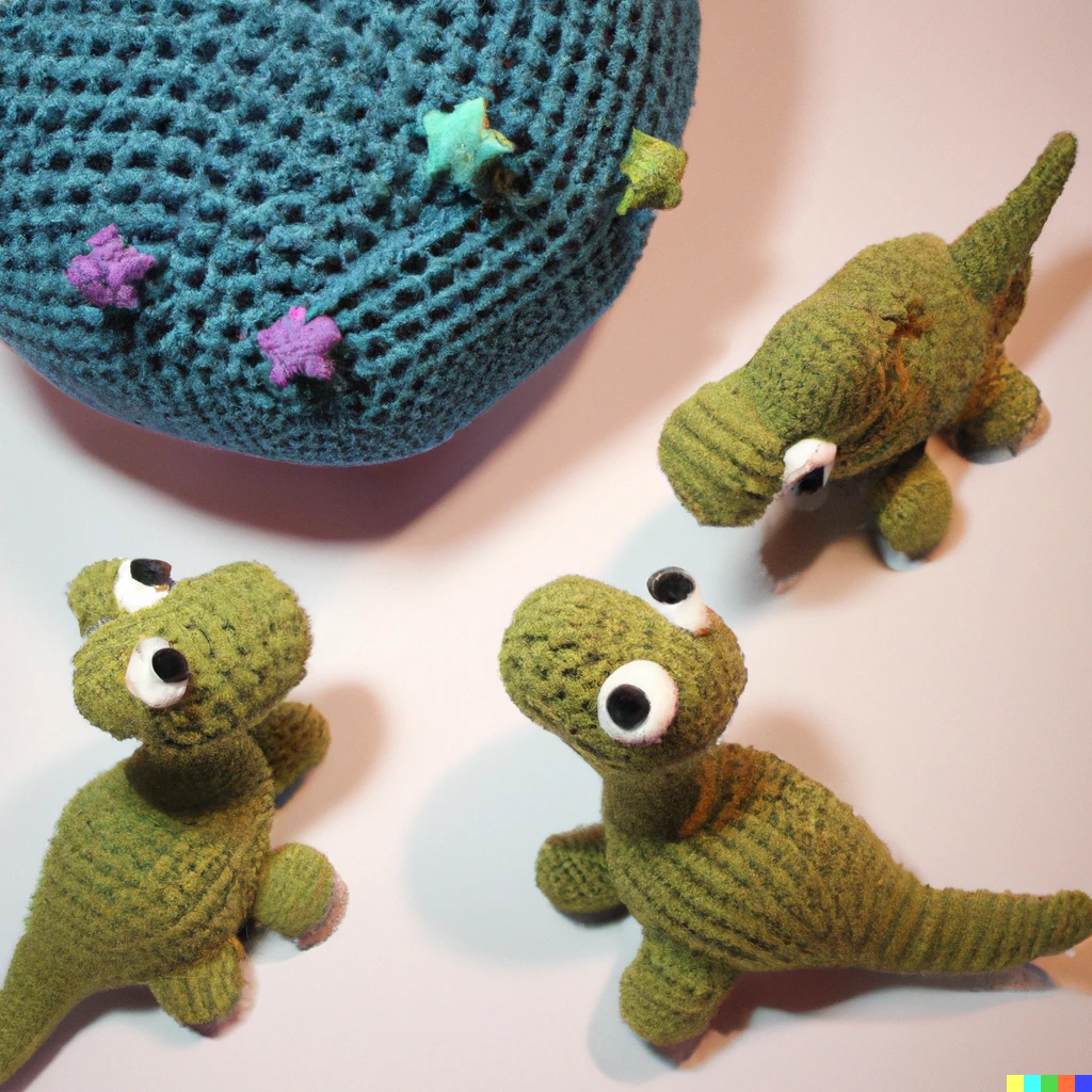 Prompt: dinosaurs looking up at asteroid, amigurumi crochet