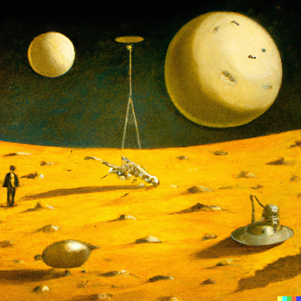 Prompt: The Moon landing as an oil painting by Dali