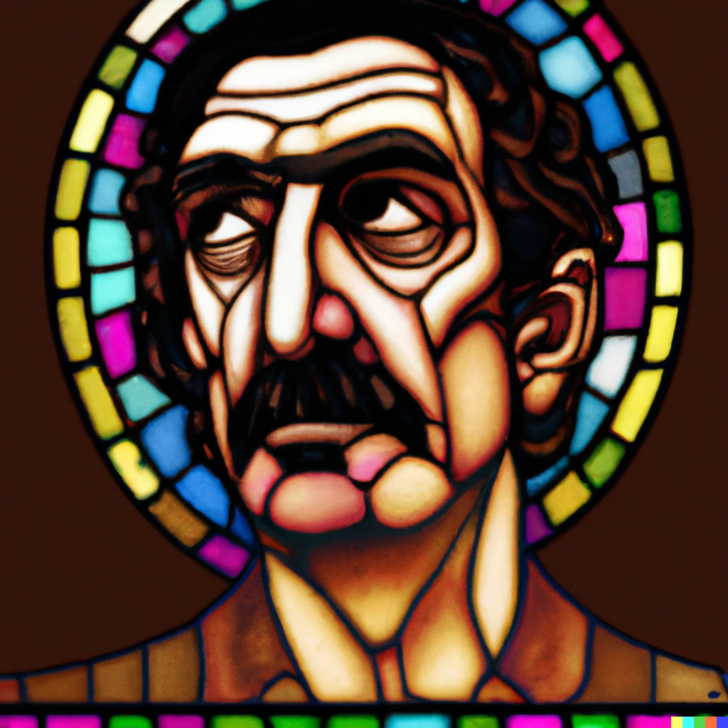 Prompt: a stained glass window depicting Frank Zappa, digital art 