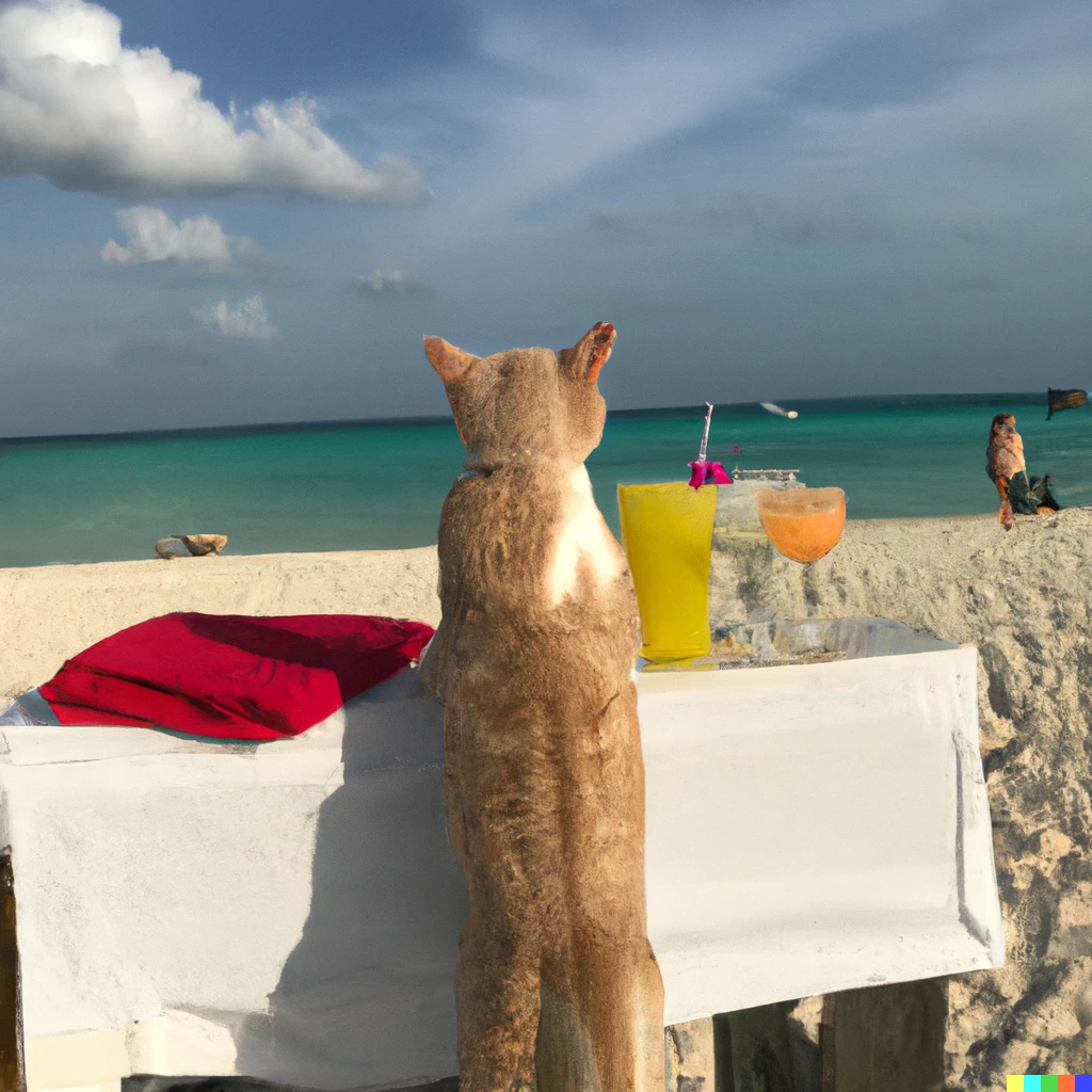 Prompt: A cat serving drinks at the beach