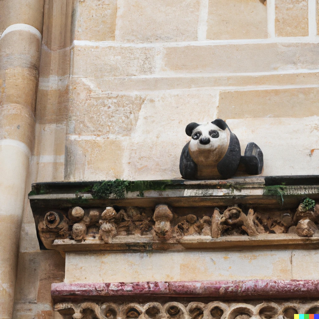 Prompt: a sculpture of a panda on a medieval cathedral