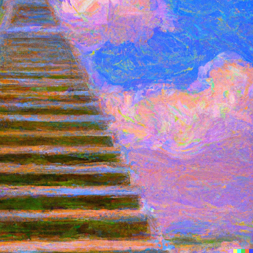 Prompt: Stairway to heaven impressionist painting
