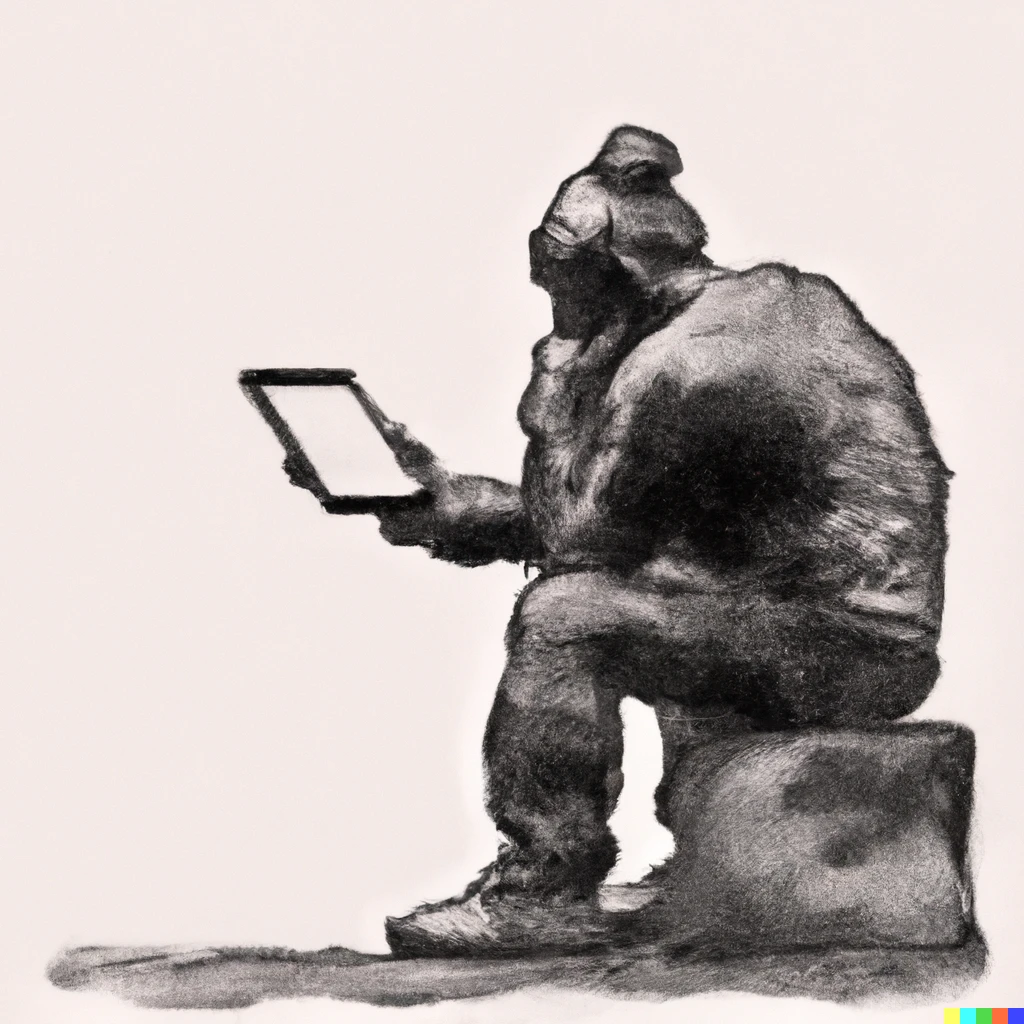 Prompt: a picture of Auguste Rodin's sculpture of the thinker looking at an ipad, bansky style