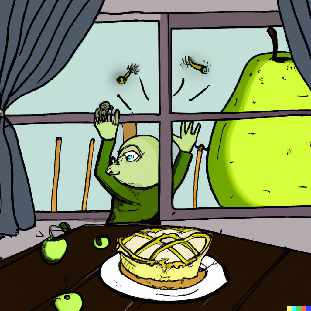 Prompt: A chubby alien stealing an apple pie from a windowsill 
