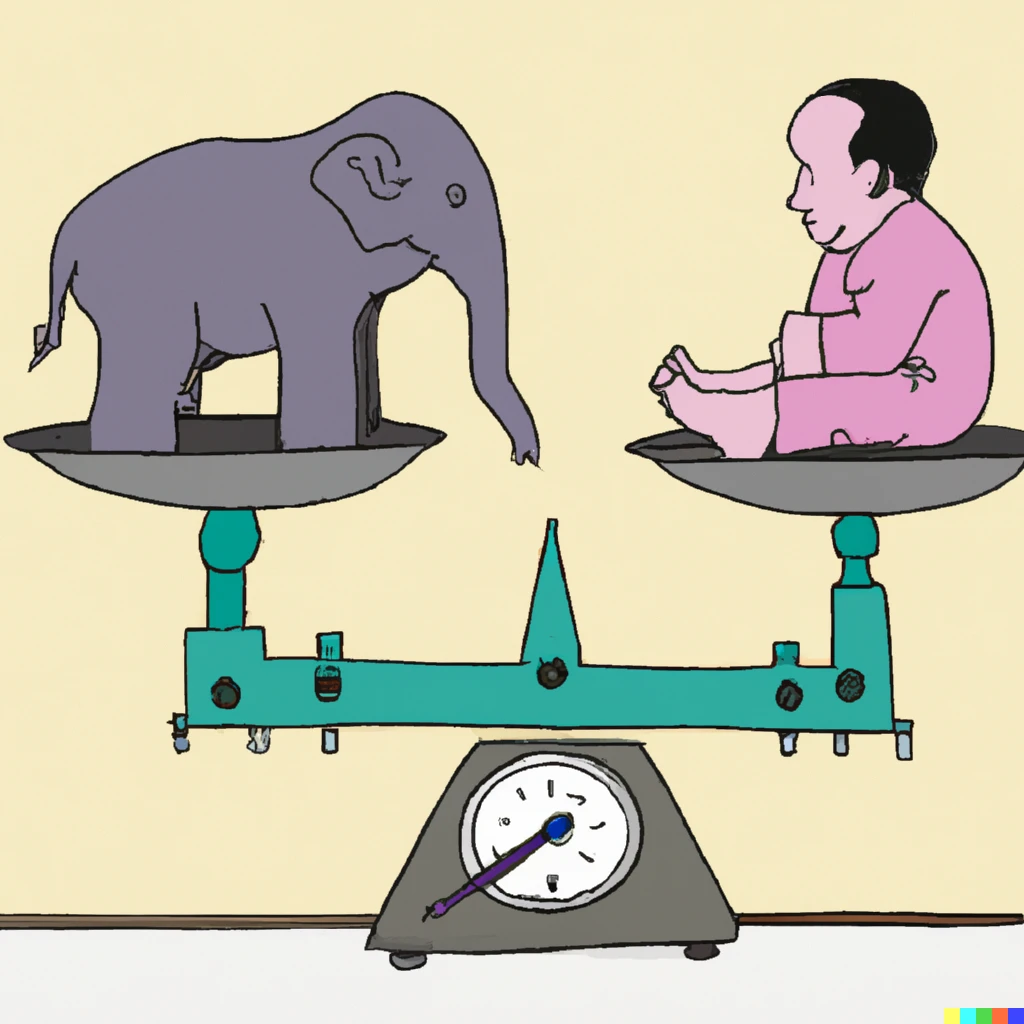 Prompt: A scale comparing the weight of a small elephant and a man sitting in the edge of the scale